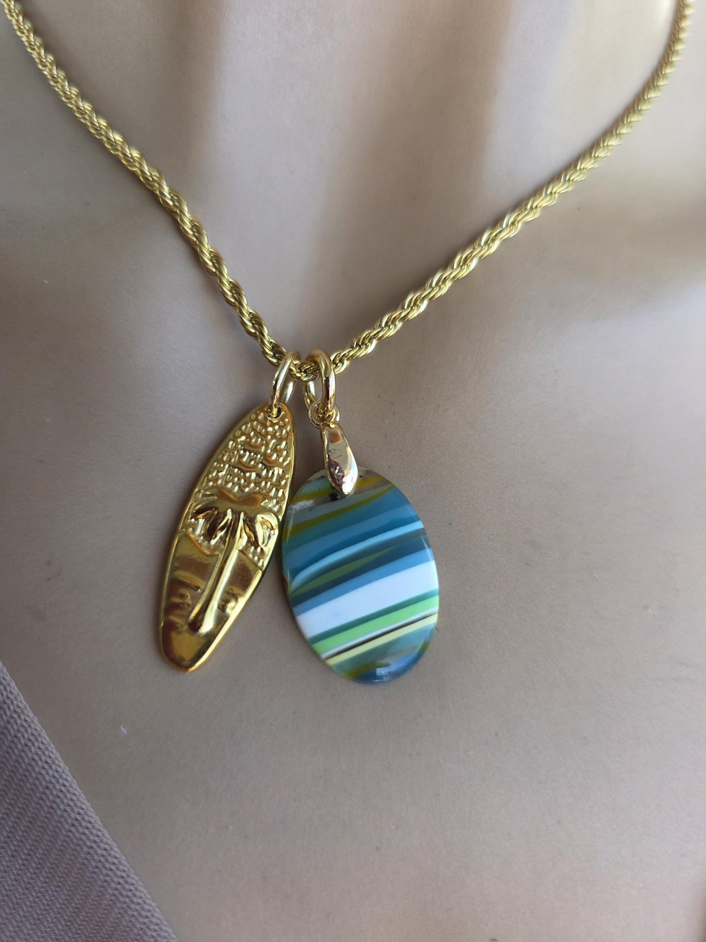 Upcycled Surfboard Resin Pendant with Gold Surfer Charm Necklace – Eco Friendly Ocean Jewelry
