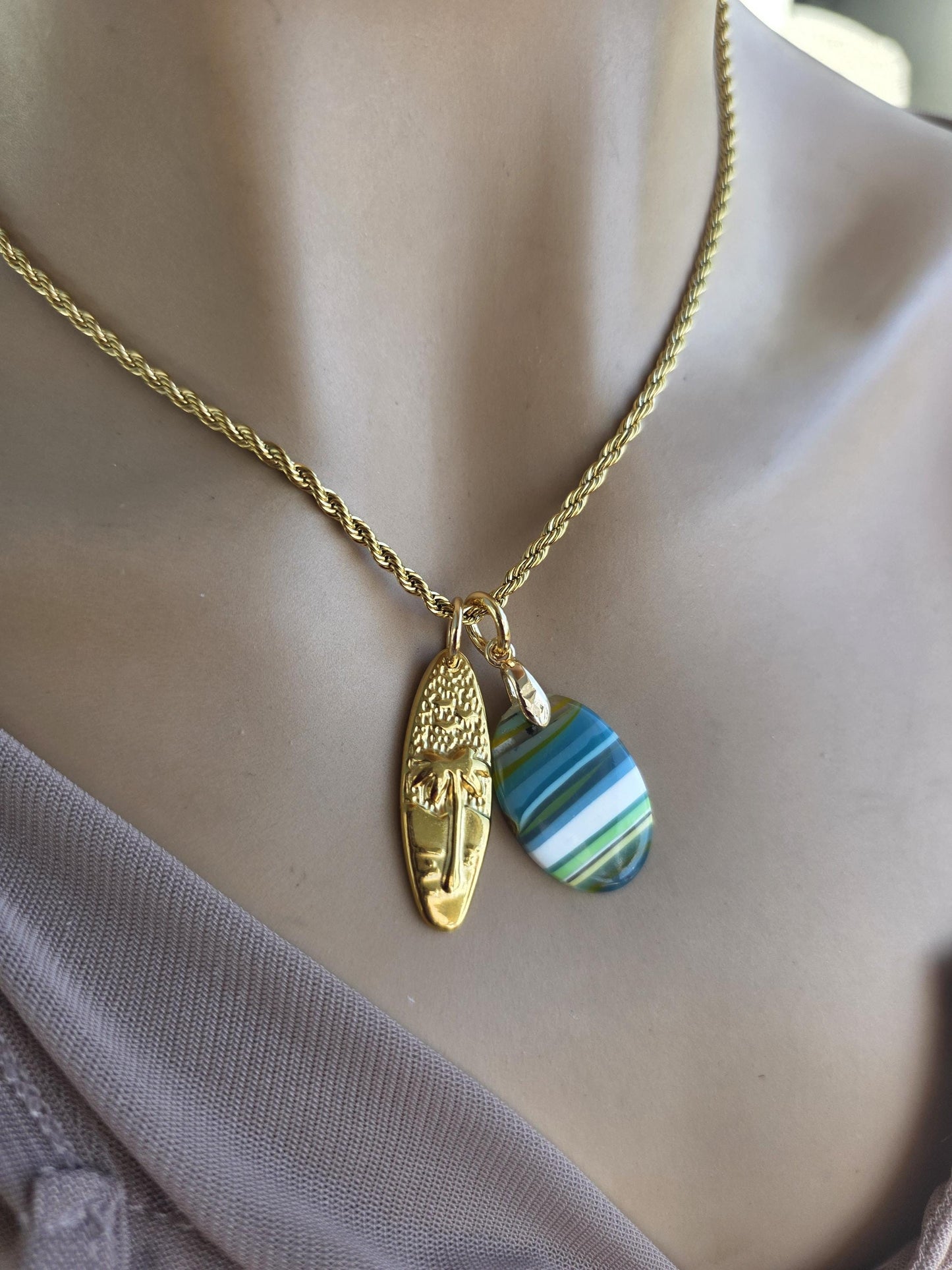 Upcycled Surfboard Resin Pendant with Gold Surfer Charm Necklace – Eco Friendly Ocean Jewelry
