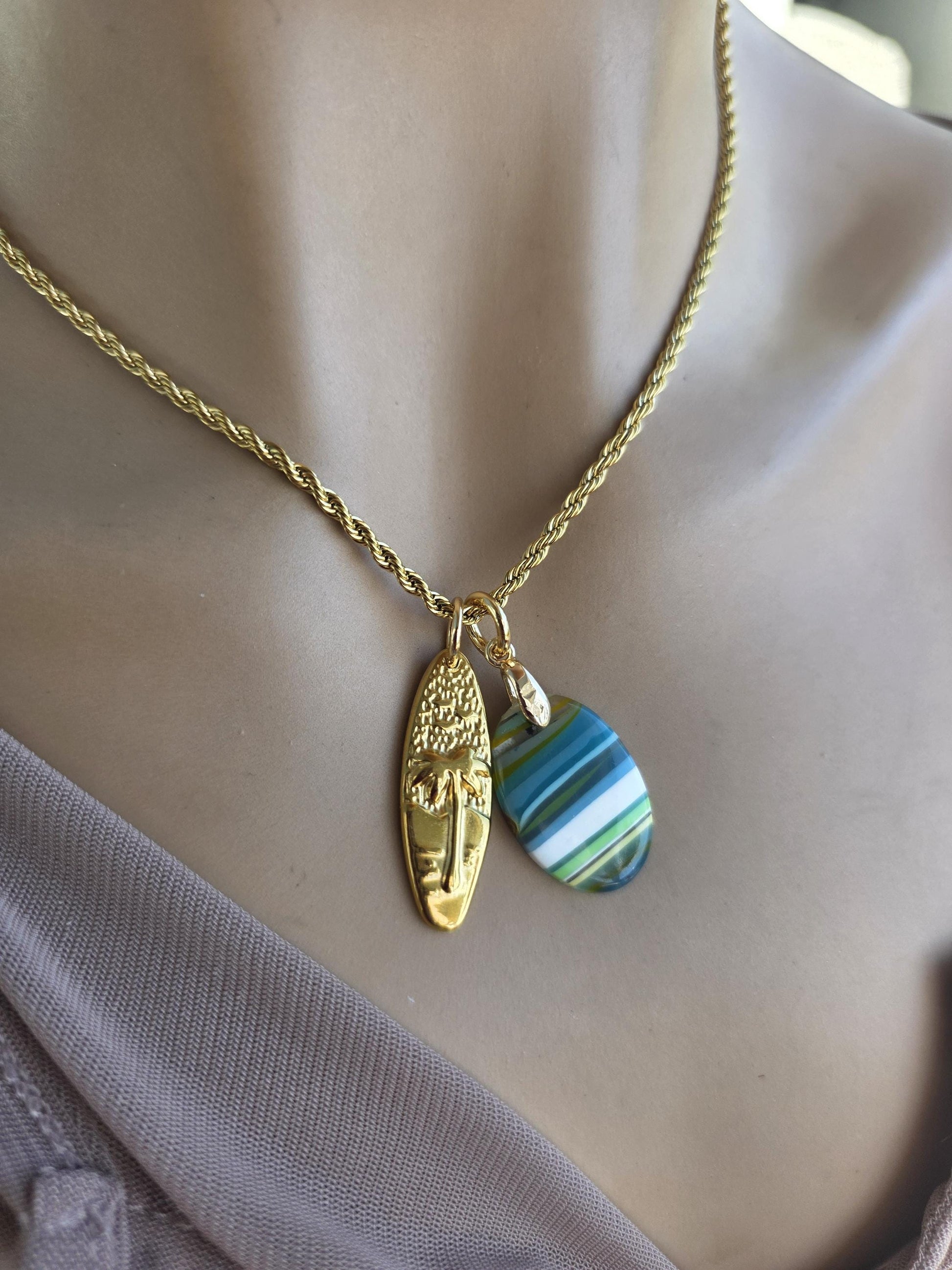 Upcycled Surfboard Resin Pendant with Gold Surfer Charm Necklace – Eco Friendly Ocean Jewelry