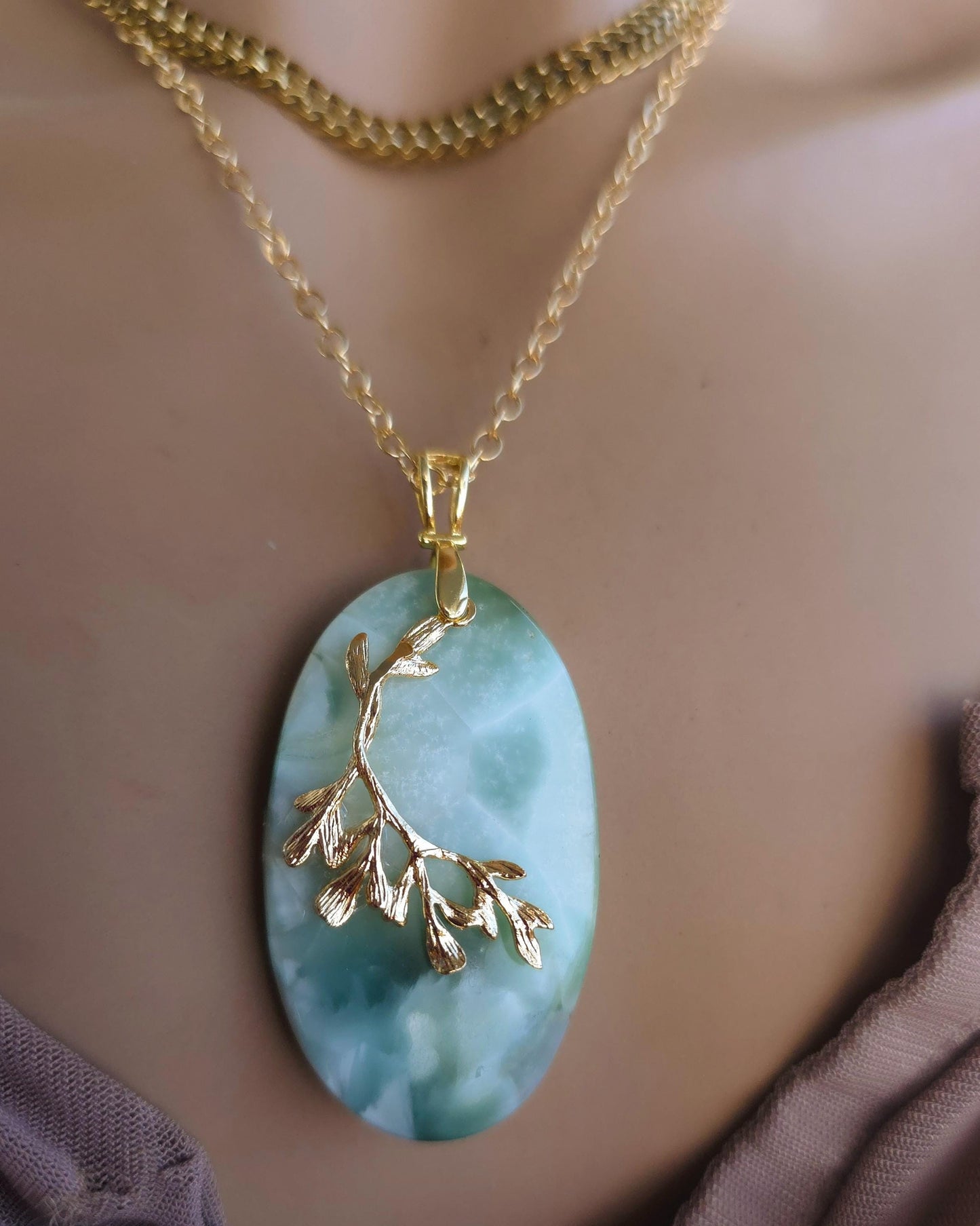Hemimorphite Leaf Pendant Layered Necklace Set: 18k Gold Plated Boho Healing Jewelry