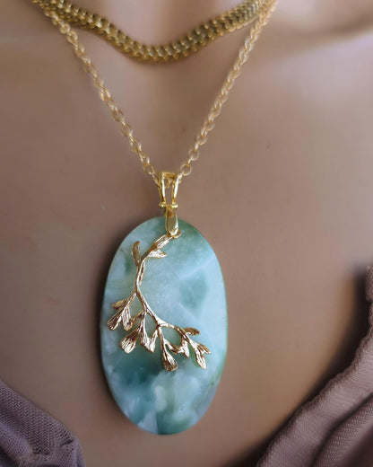 Hemimorphite Leaf Pendant Layered Necklace Set: 18k Gold Plated Boho Healing Jewelry