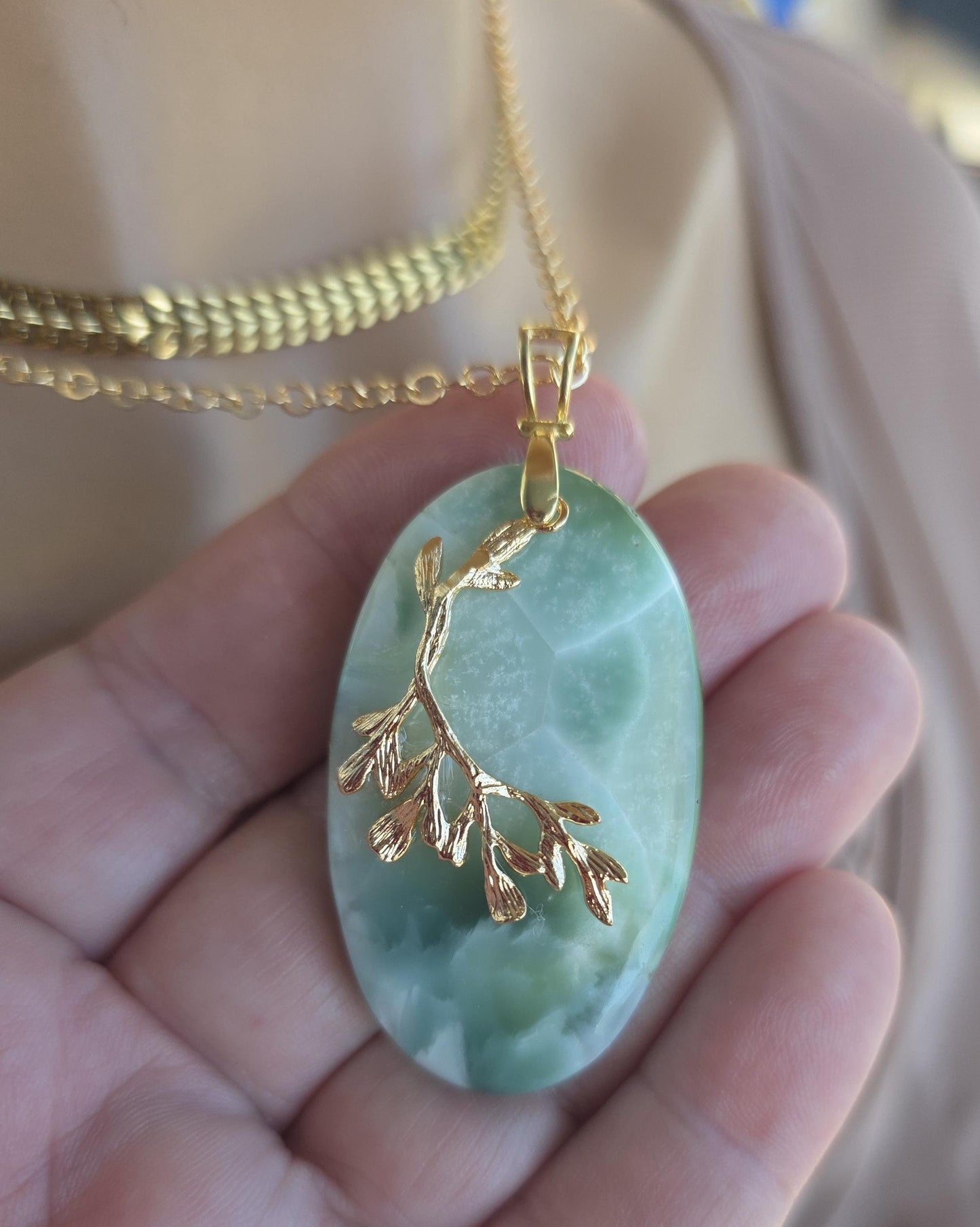 Hemimorphite Leaf Pendant Layered Necklace Set: 18k Gold Plated Boho Healing Jewelry