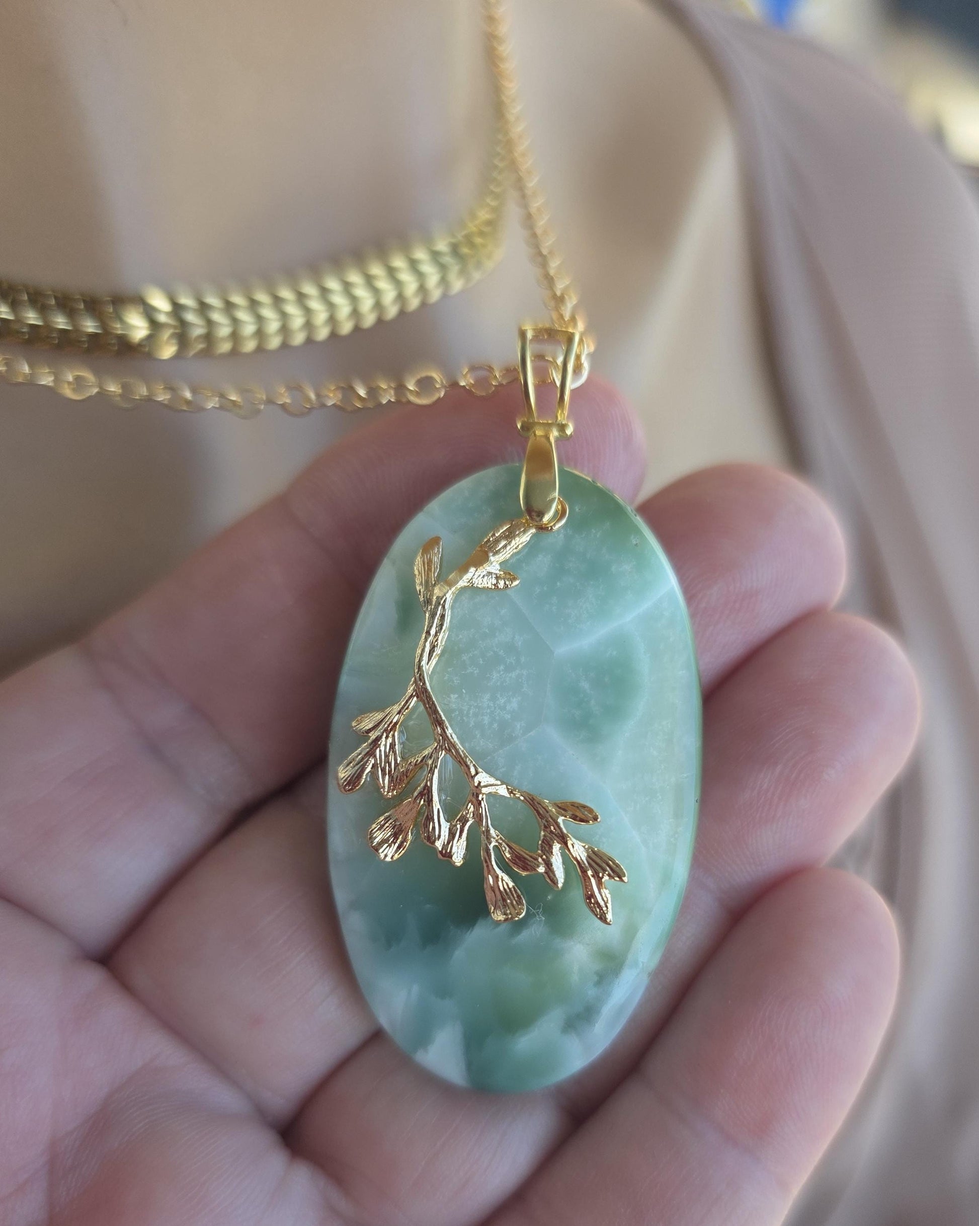 Hemimorphite Leaf Pendant Layered Necklace Set: 18k Gold Plated Boho Healing Jewelry