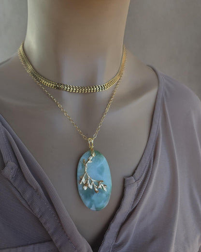 Hemimorphite Leaf Pendant Layered Necklace Set: 18k Gold Plated Boho Healing Jewelry