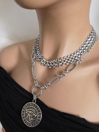 Eye of Horus Layered Necklace Set – Egyptian Protection Amulet Steel Choker Set
