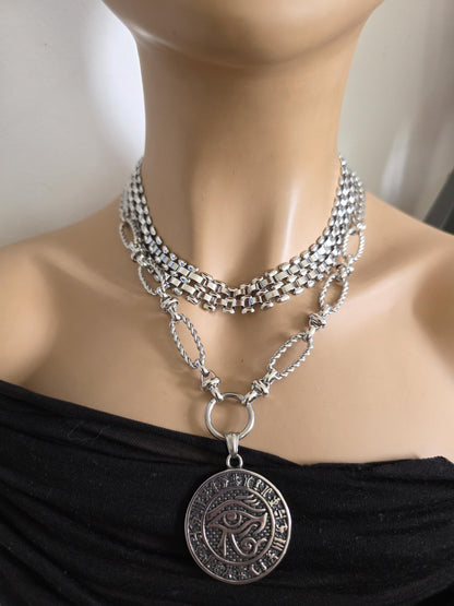 Eye of Horus Layered Necklace Set – Egyptian Protection Amulet Steel Choker Set
