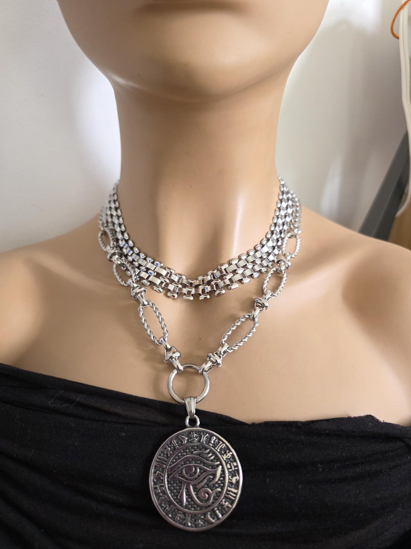 Eye of Horus Layered Necklace Set – Egyptian Protection Amulet Steel Choker Set