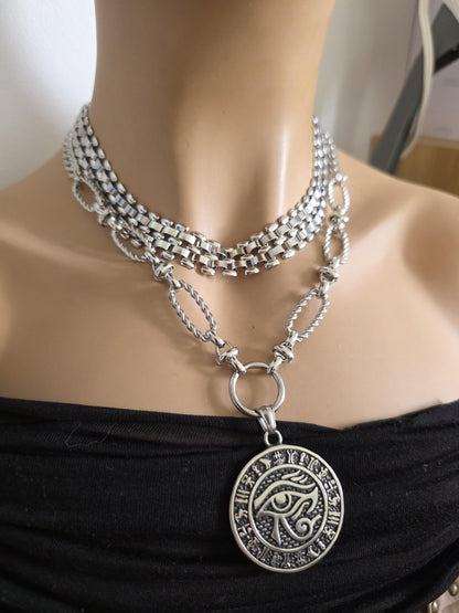 Eye of Horus Layered Necklace Set – Egyptian Protection Amulet Steel Choker Set