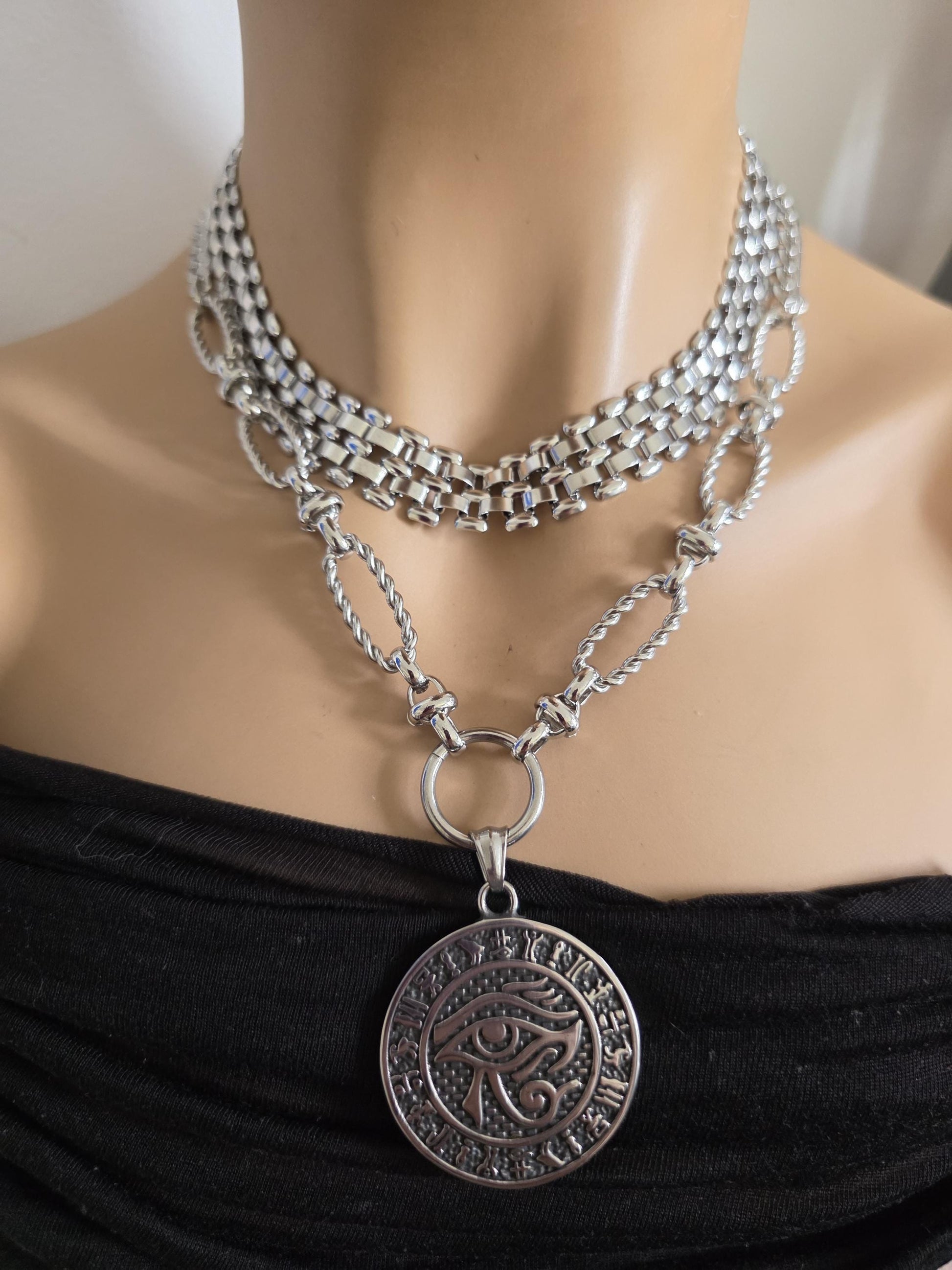 Eye of Horus Layered Necklace Set – Egyptian Protection Amulet Steel Choker Set