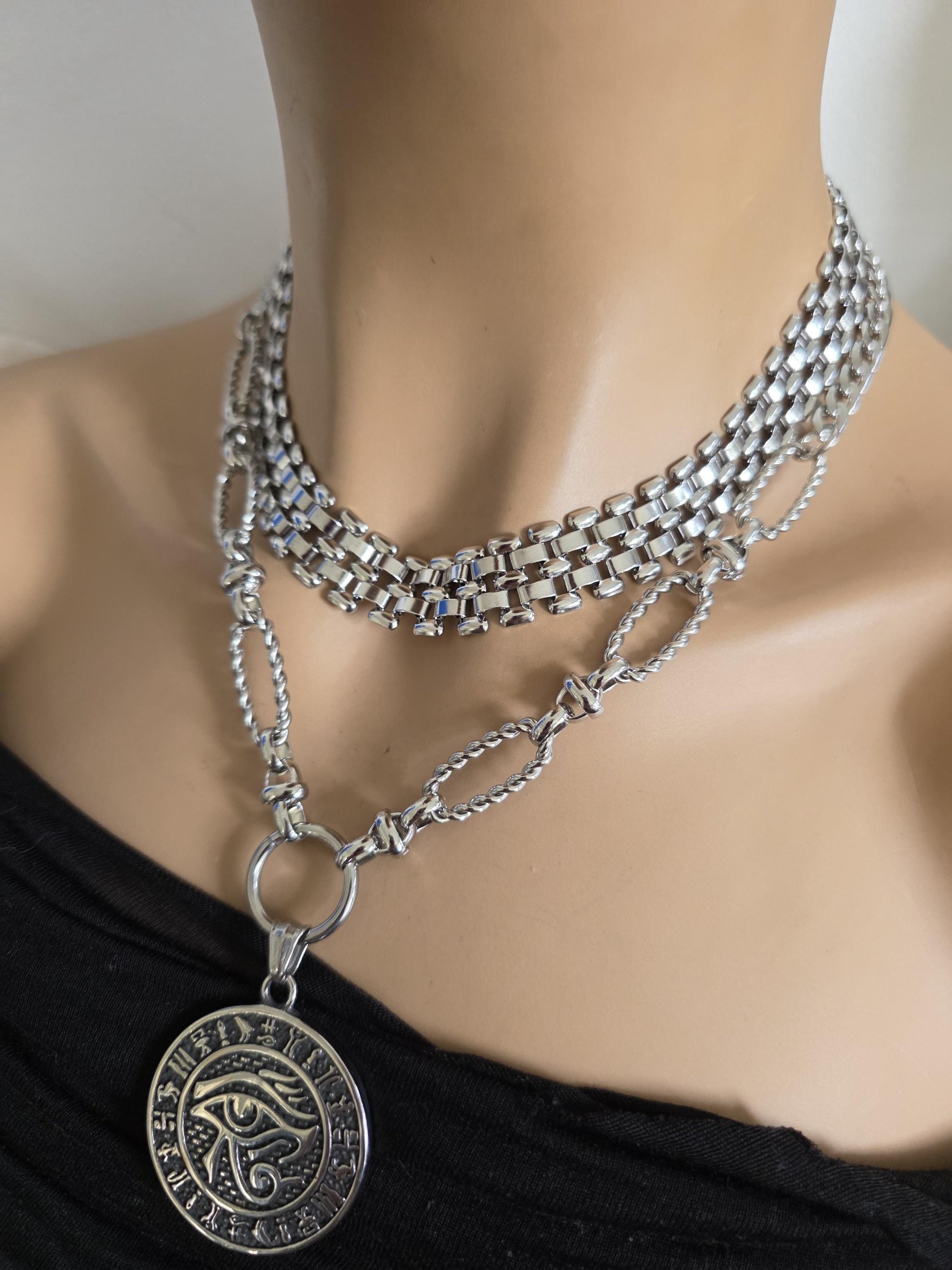 Eye of Horus Layered Necklace Set – Egyptian Protection Amulet Steel Choker Set