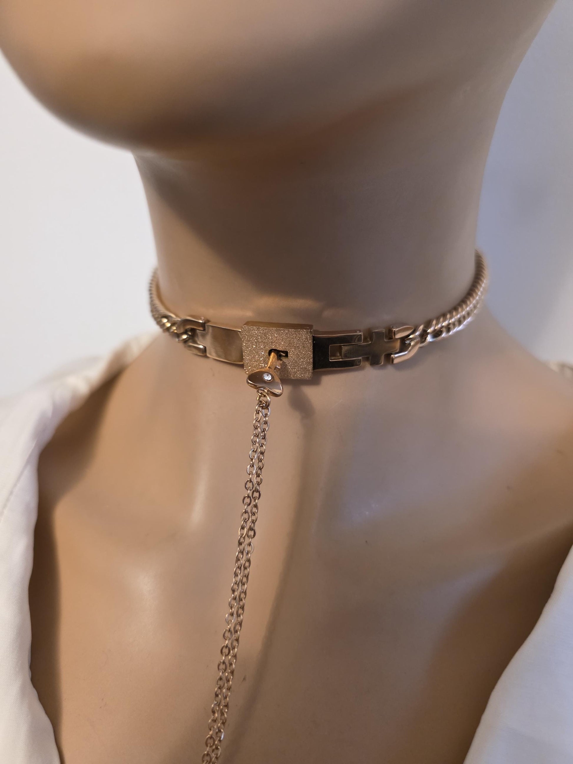 Rose Gold Tone Steel Locking Choker Necklace: BDSM Day Collar with Key