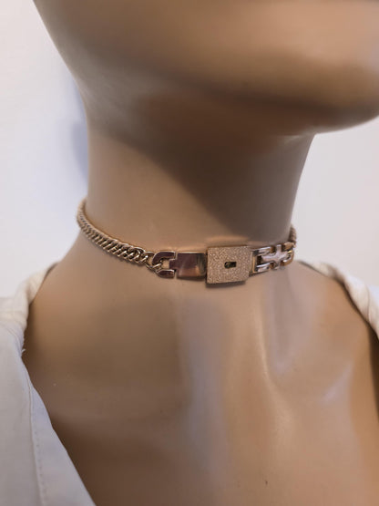 Rose Gold Tone Steel Locking Choker Necklace: BDSM Day Collar with Key