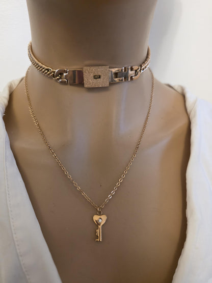 Rose Gold Tone Steel Locking Choker Necklace: BDSM Day Collar with Key
