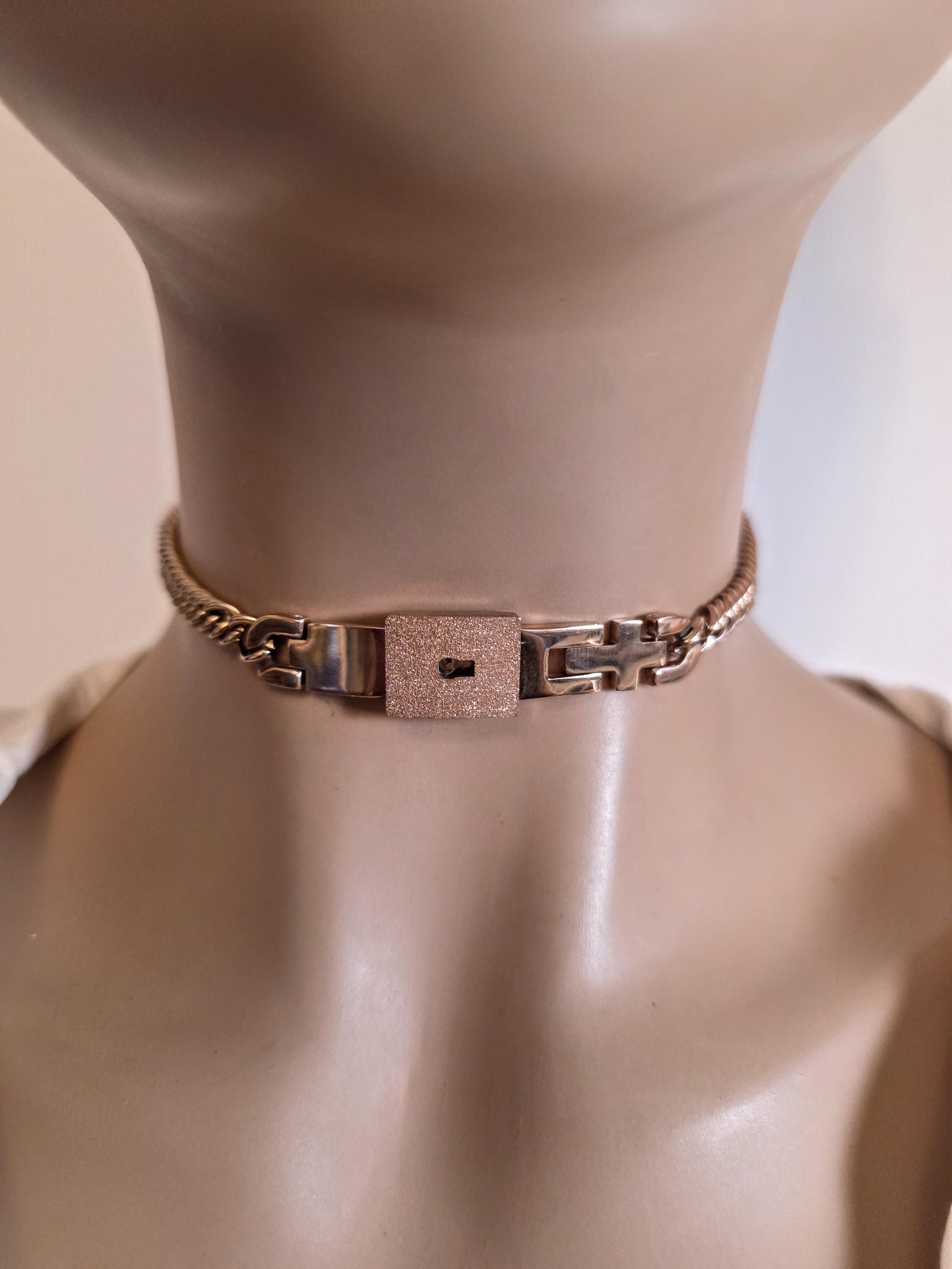 Rose Gold Tone Steel Locking Choker Necklace: BDSM Day Collar with Key