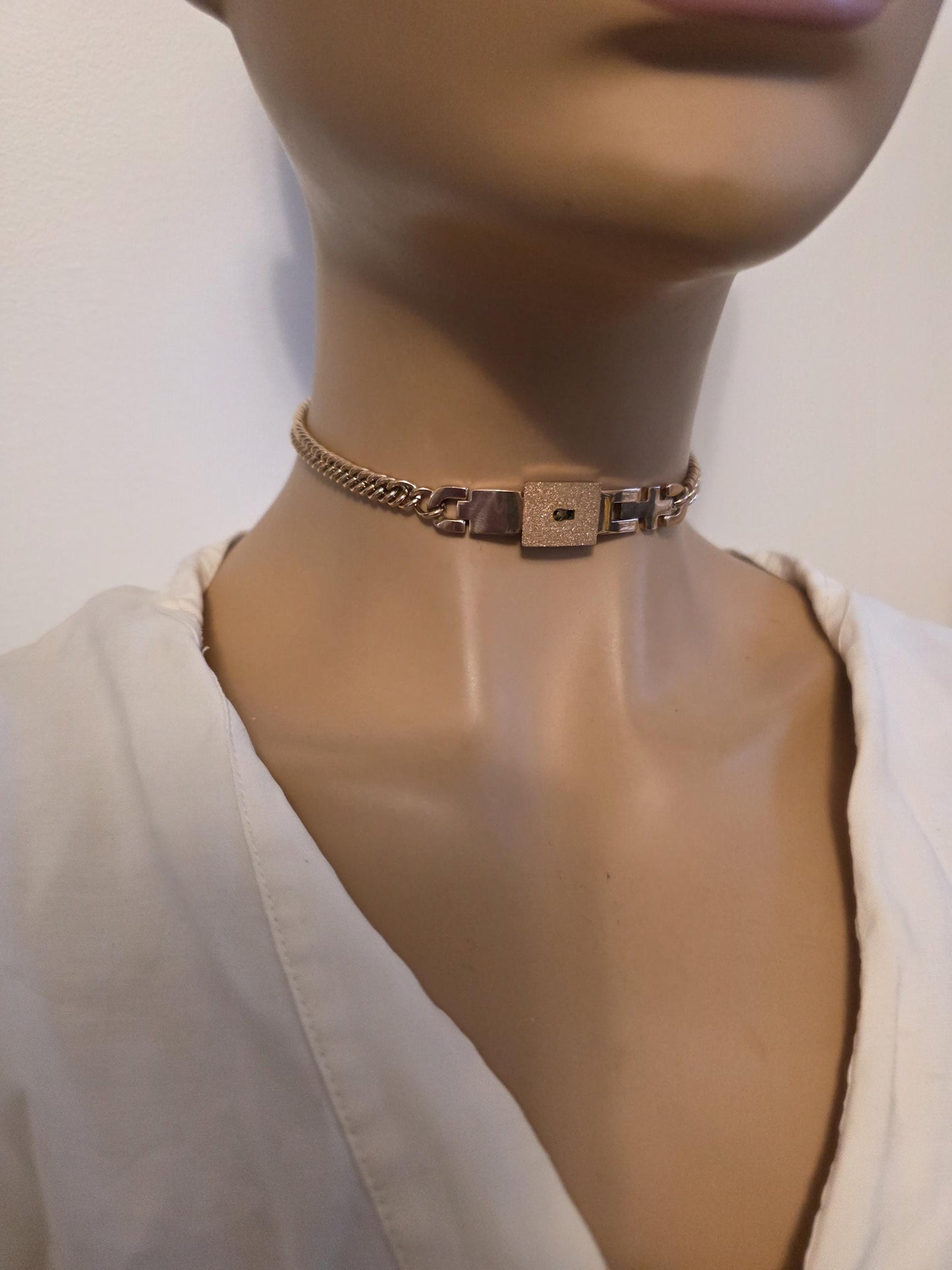 Rose Gold Tone Steel Locking Choker Necklace: BDSM Day Collar with Key