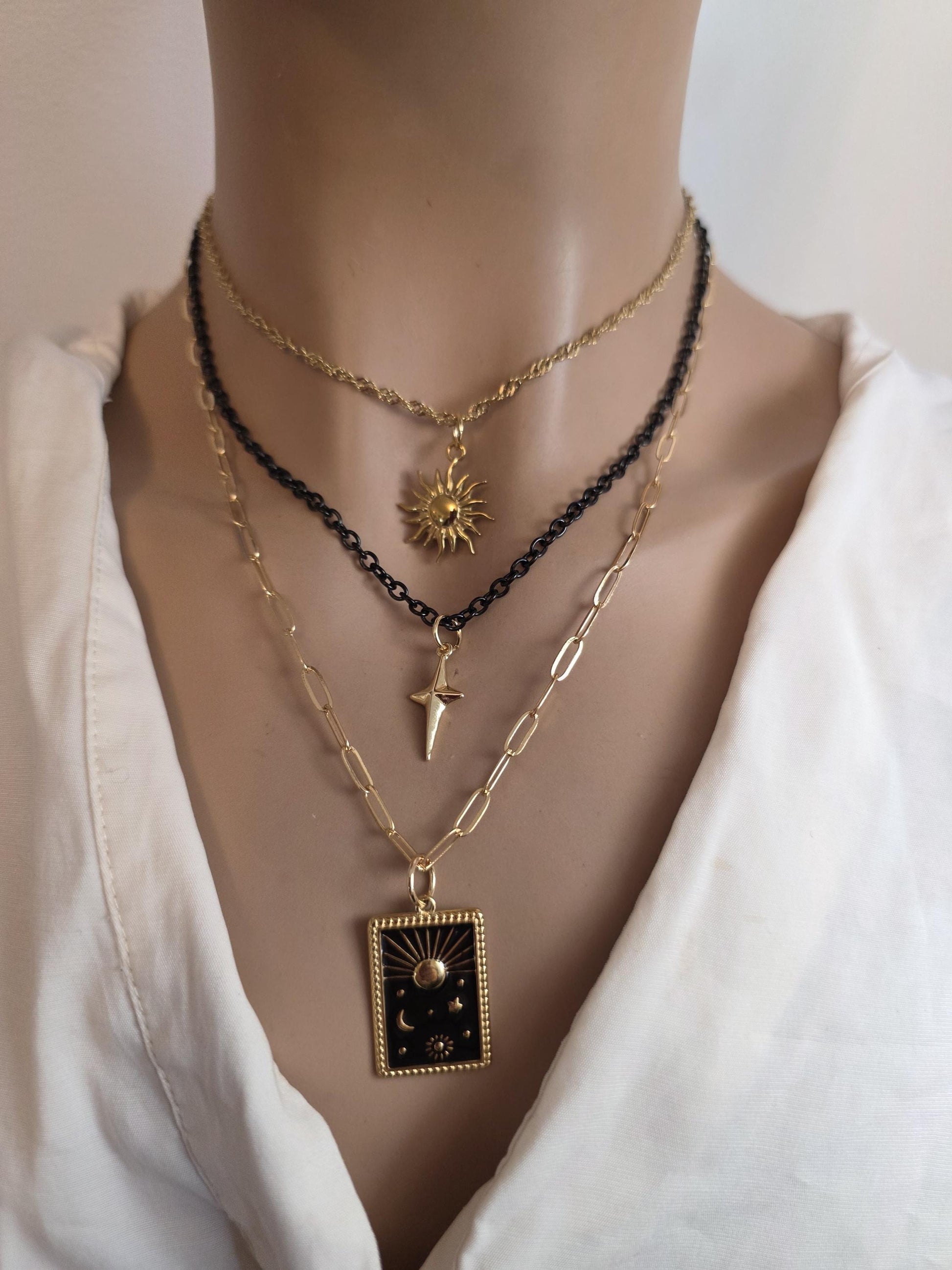 Celestial Moon, Sun, Stars Gold & Black Norse Layered Necklace | Viking-Inspired Celestial Amulet