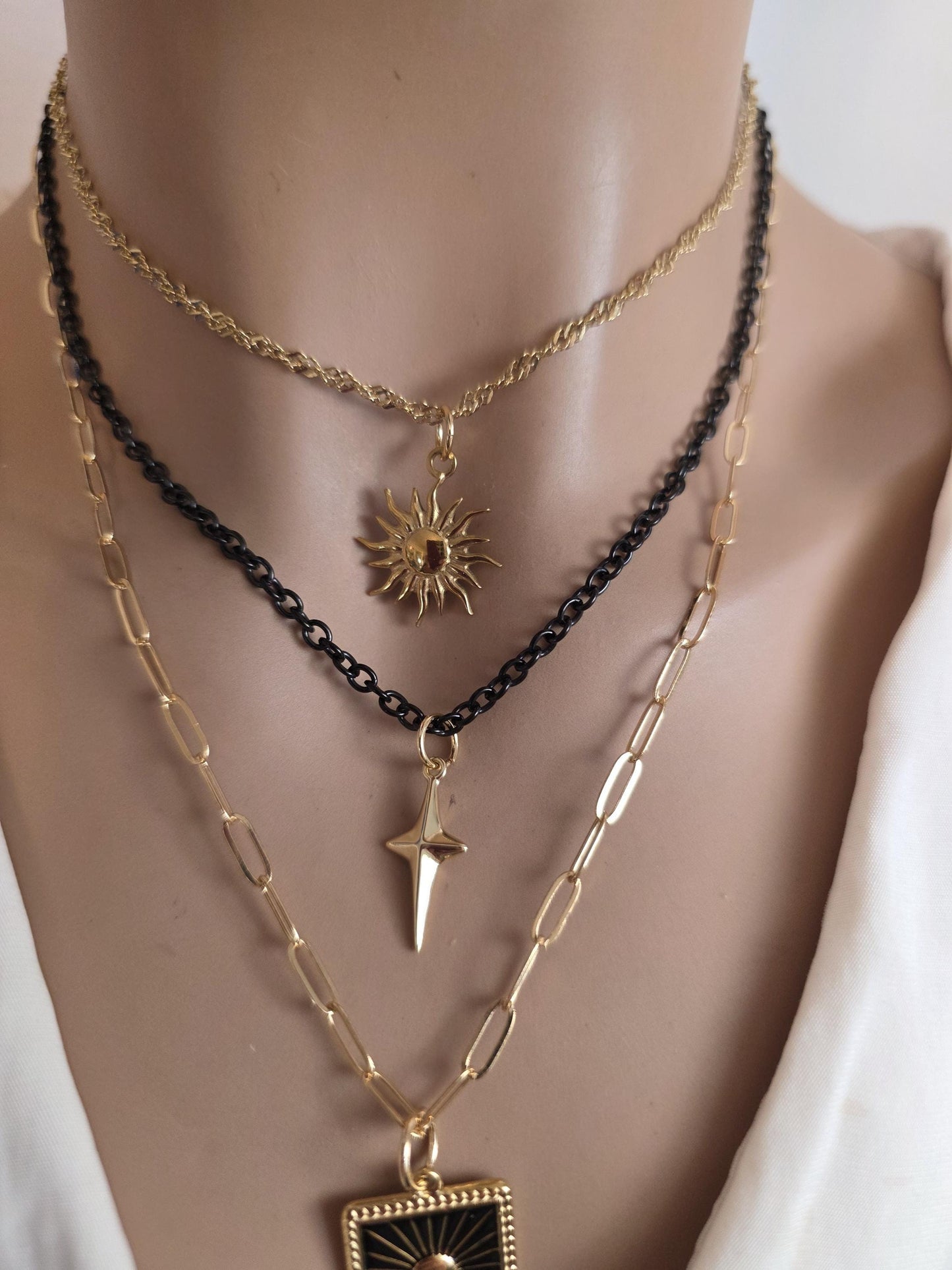 Celestial Moon, Sun, Stars Gold & Black Norse Layered Necklace | Viking-Inspired Celestial Amulet