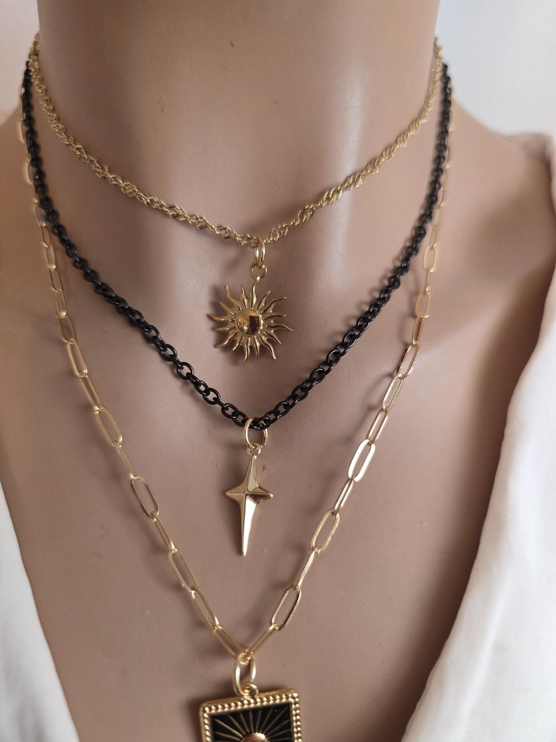 Celestial Moon, Sun, Stars Gold & Black Norse Layered Necklace | Viking-Inspired Celestial Amulet