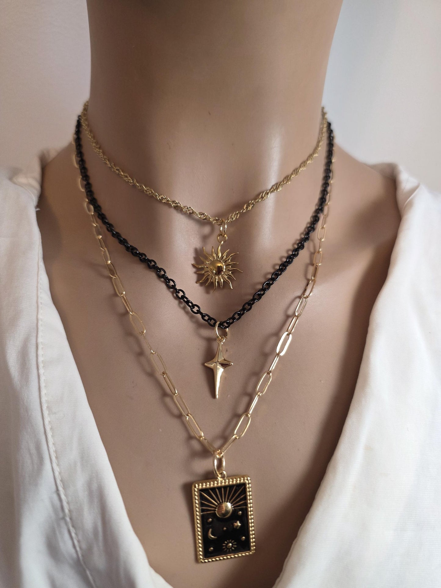 Celestial Moon, Sun, Stars Gold & Black Norse Layered Necklace | Viking-Inspired Celestial Amulet