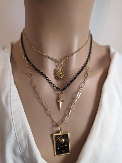 Celestial Moon, Sun, Stars Gold & Black Norse Layered Necklace | Viking-Inspired Celestial Amulet