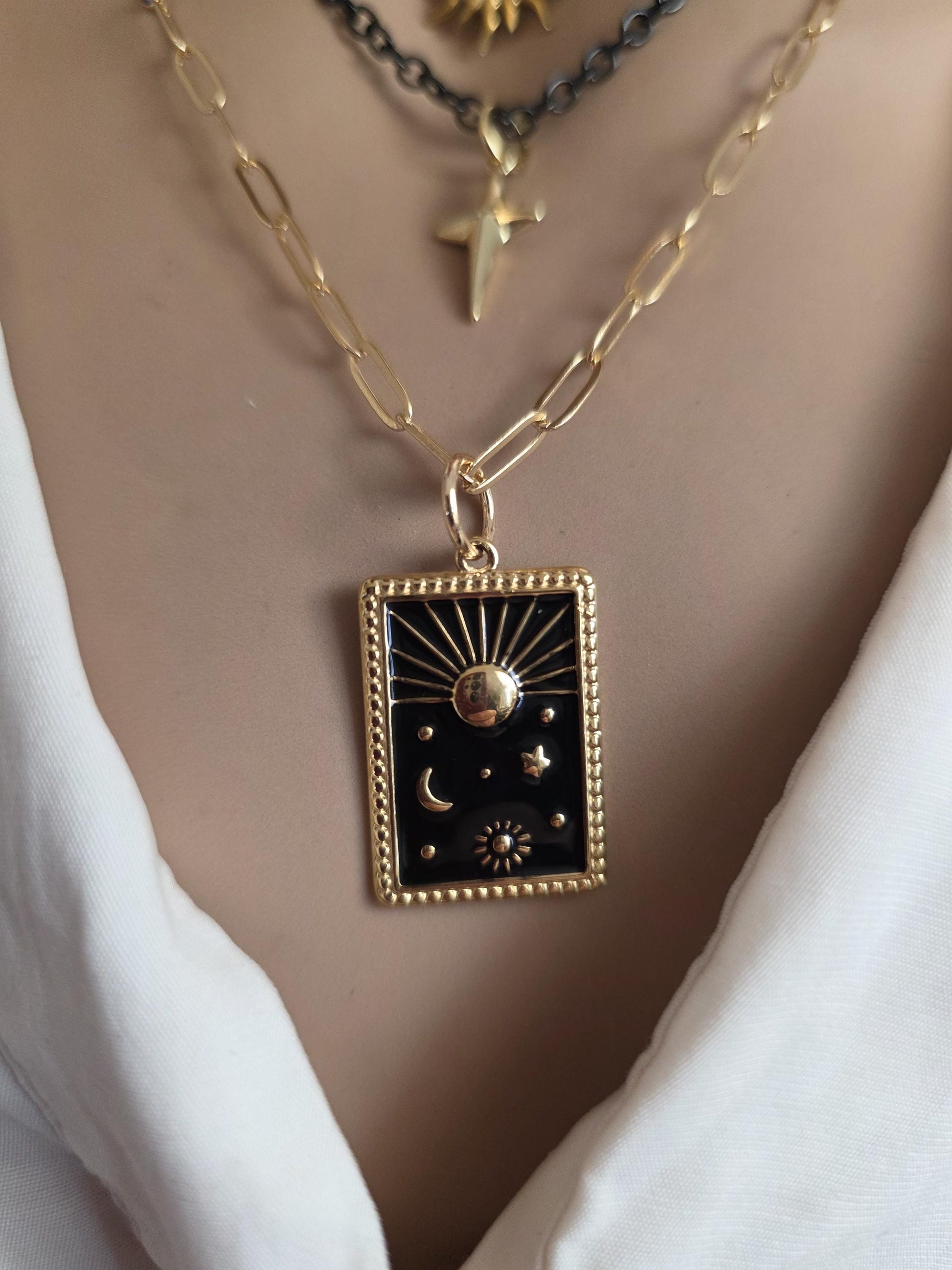 Celestial Moon, Sun, Stars Gold & Black Norse Layered Necklace | Viking-Inspired Celestial Amulet