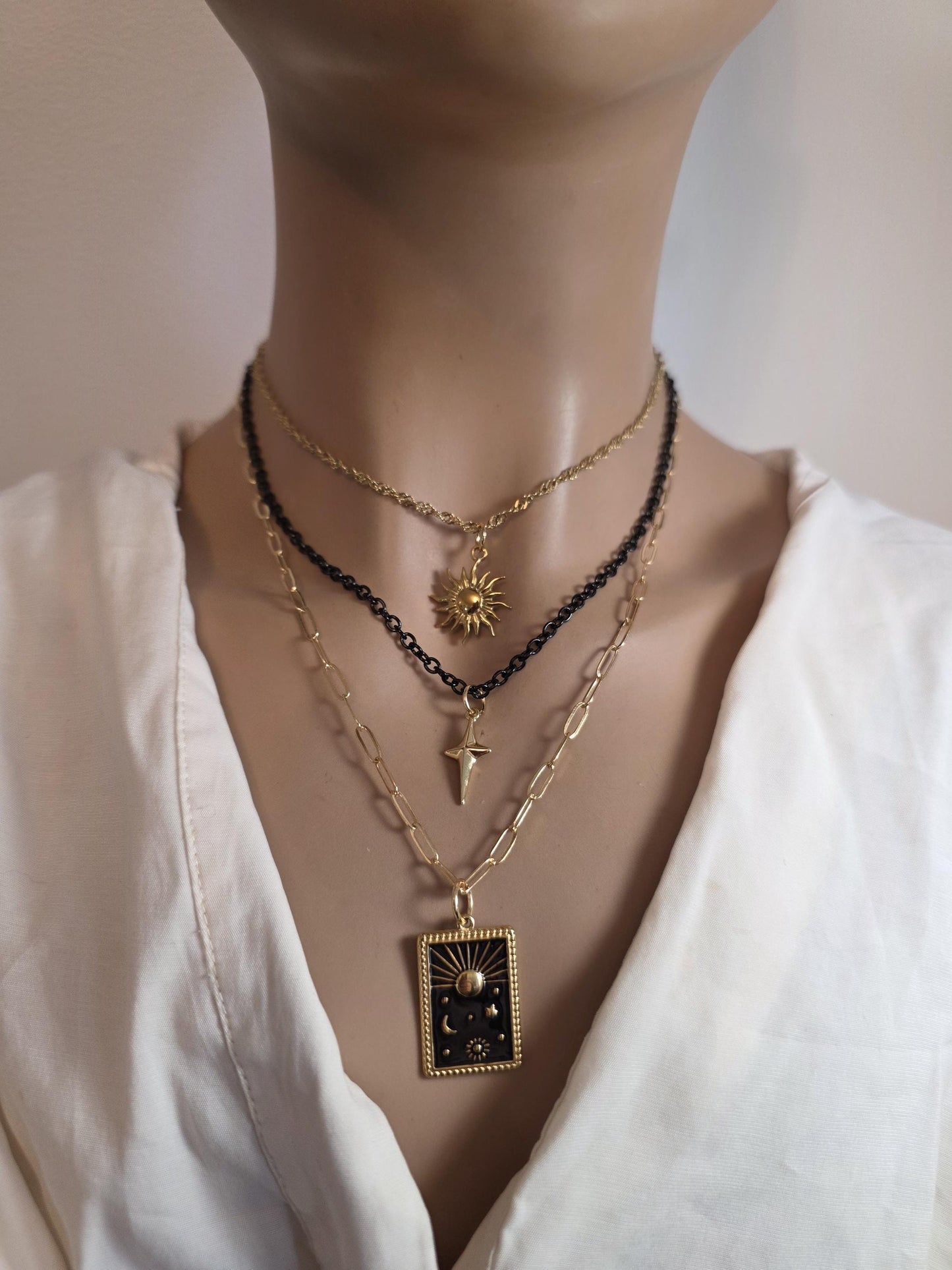 Celestial Moon, Sun, Stars Gold & Black Norse Layered Necklace | Viking-Inspired Celestial Amulet