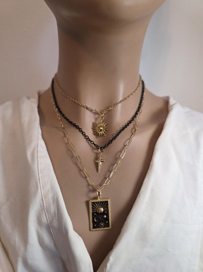 Celestial Moon, Sun, Stars Gold & Black Norse Layered Necklace | Viking-Inspired Celestial Amulet