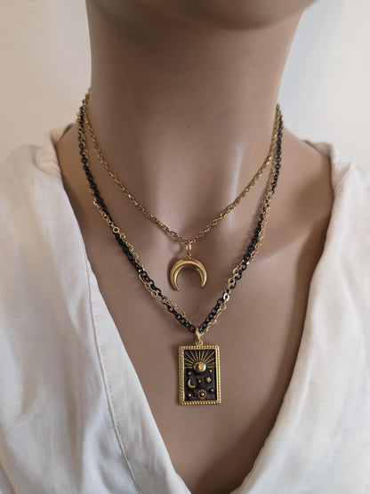 Celestial Moon, Sun, Stars Gold & Black Norse Layered Necklace | Viking-Inspired Celestial Amulet