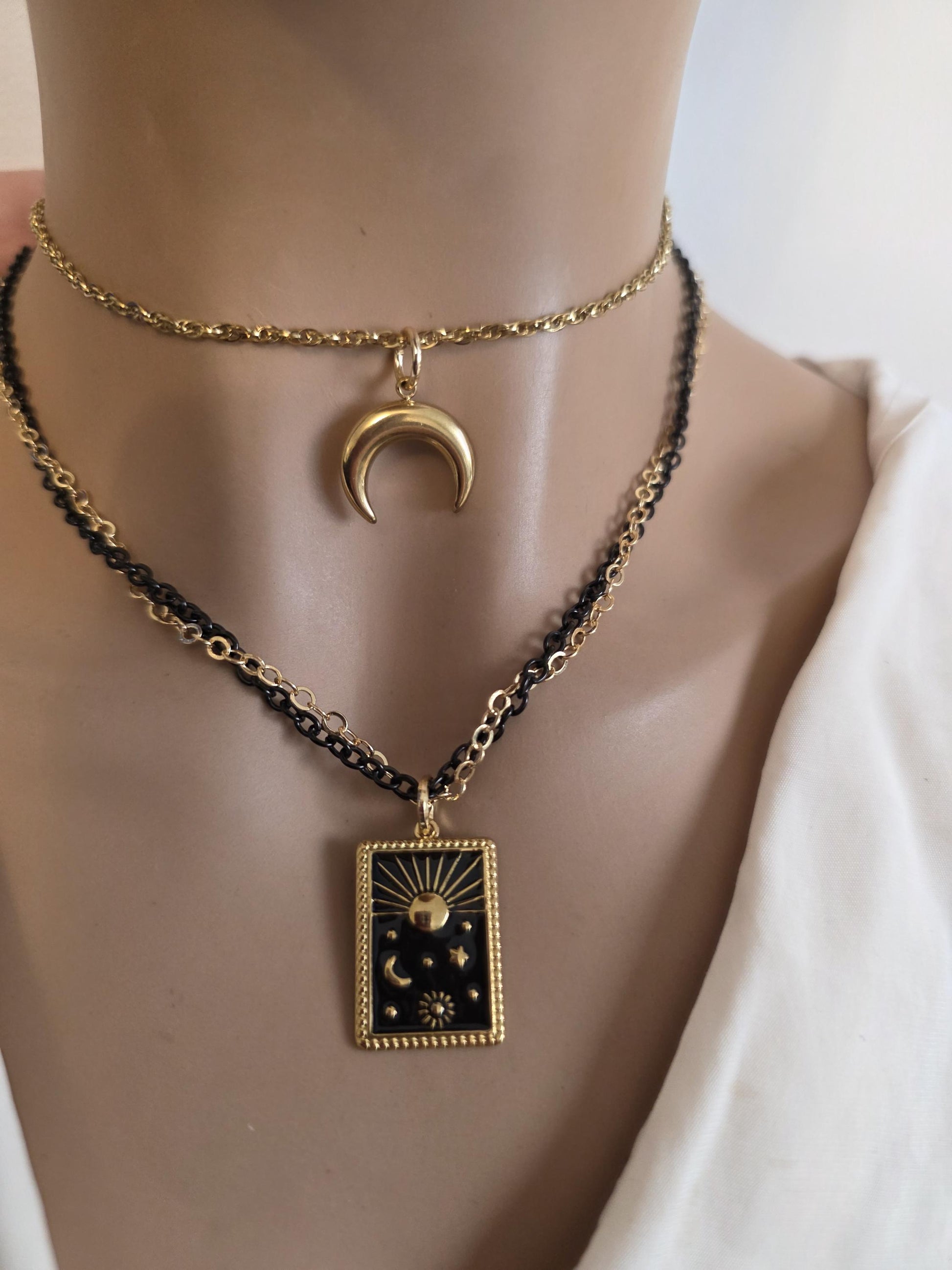 Celestial Moon, Sun, Stars Gold & Black Norse Layered Necklace | Viking-Inspired Celestial Amulet
