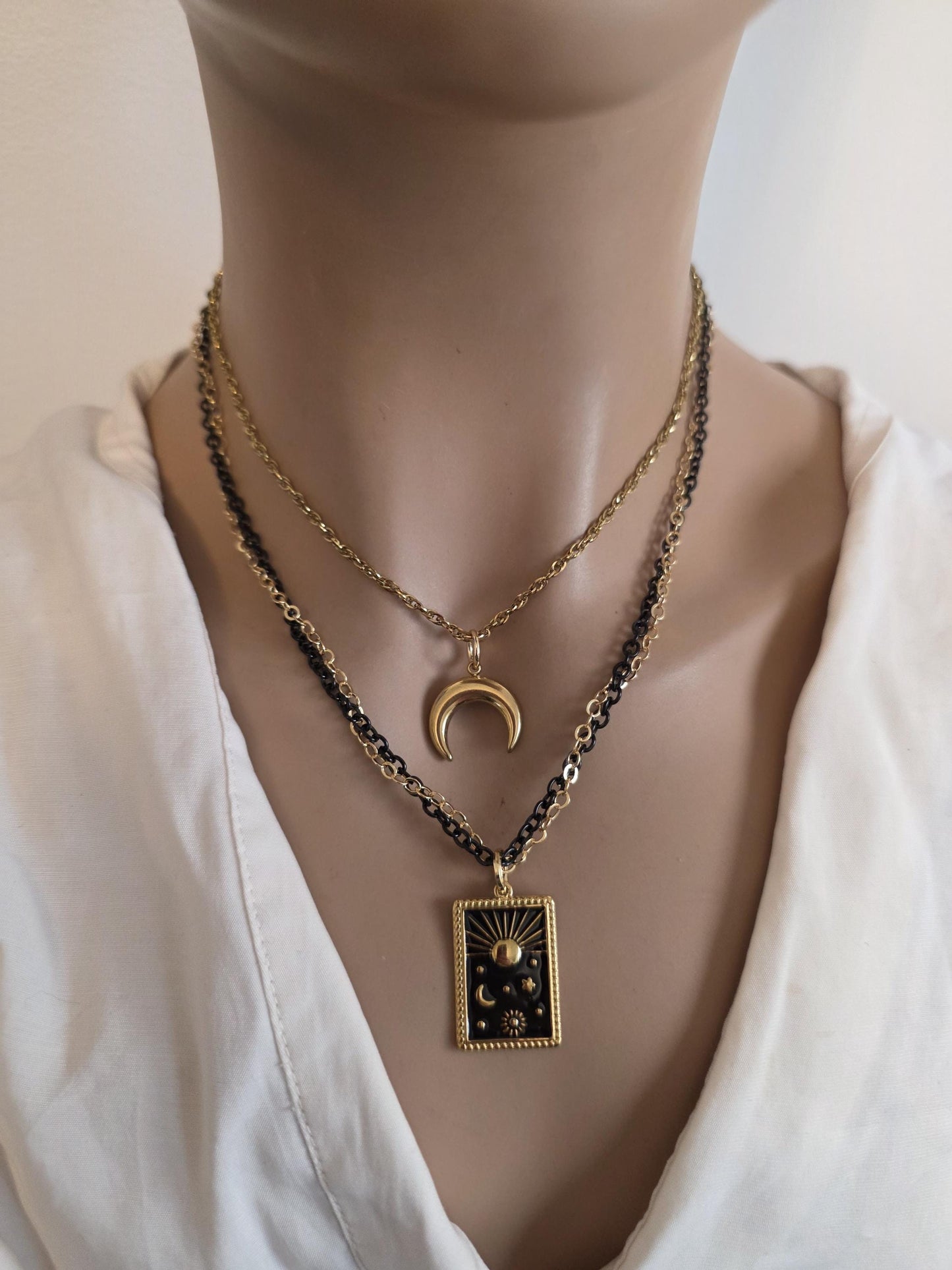 Celestial Moon, Sun, Stars Gold & Black Norse Layered Necklace | Viking-Inspired Celestial Amulet