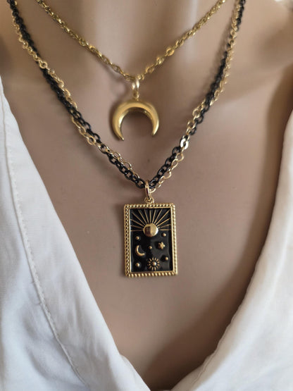 Celestial Moon, Sun, Stars Gold & Black Norse Layered Necklace | Viking-Inspired Celestial Amulet