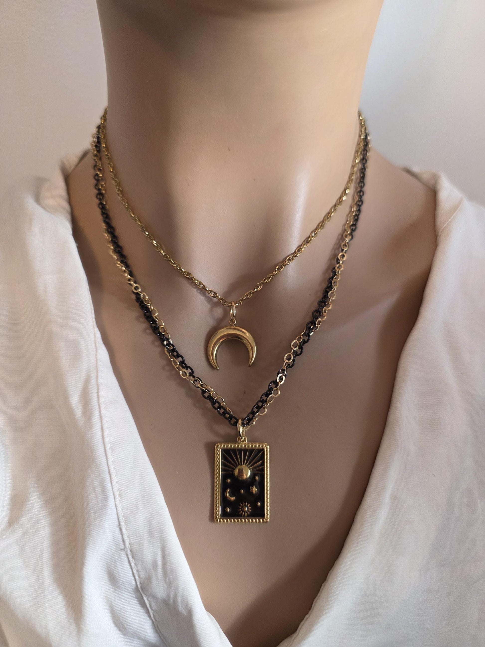 Celestial Moon, Sun, Stars Gold & Black Norse Layered Necklace | Viking-Inspired Celestial Amulet