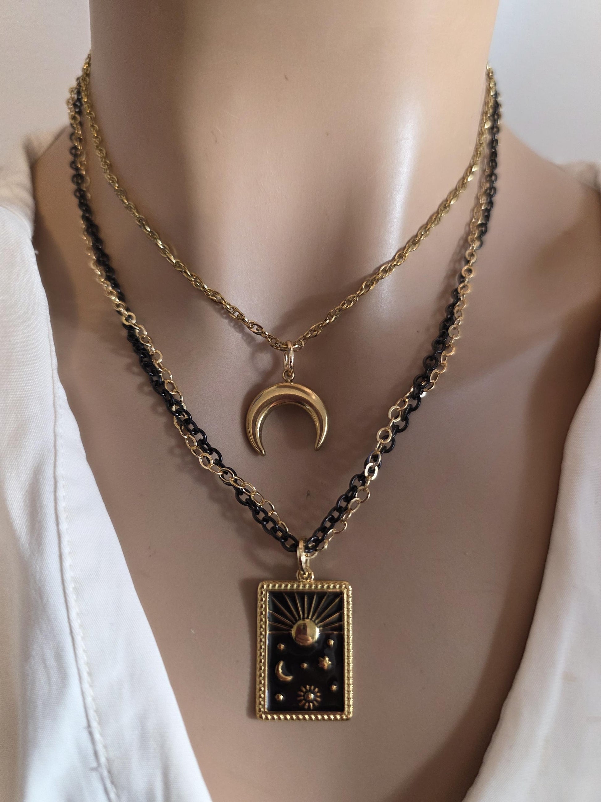 Celestial Moon, Sun, Stars Gold & Black Norse Layered Necklace | Viking-Inspired Celestial Amulet
