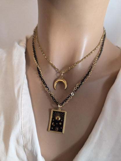 Celestial Moon, Sun, Stars Gold & Black Norse Layered Necklace | Viking-Inspired Celestial Amulet