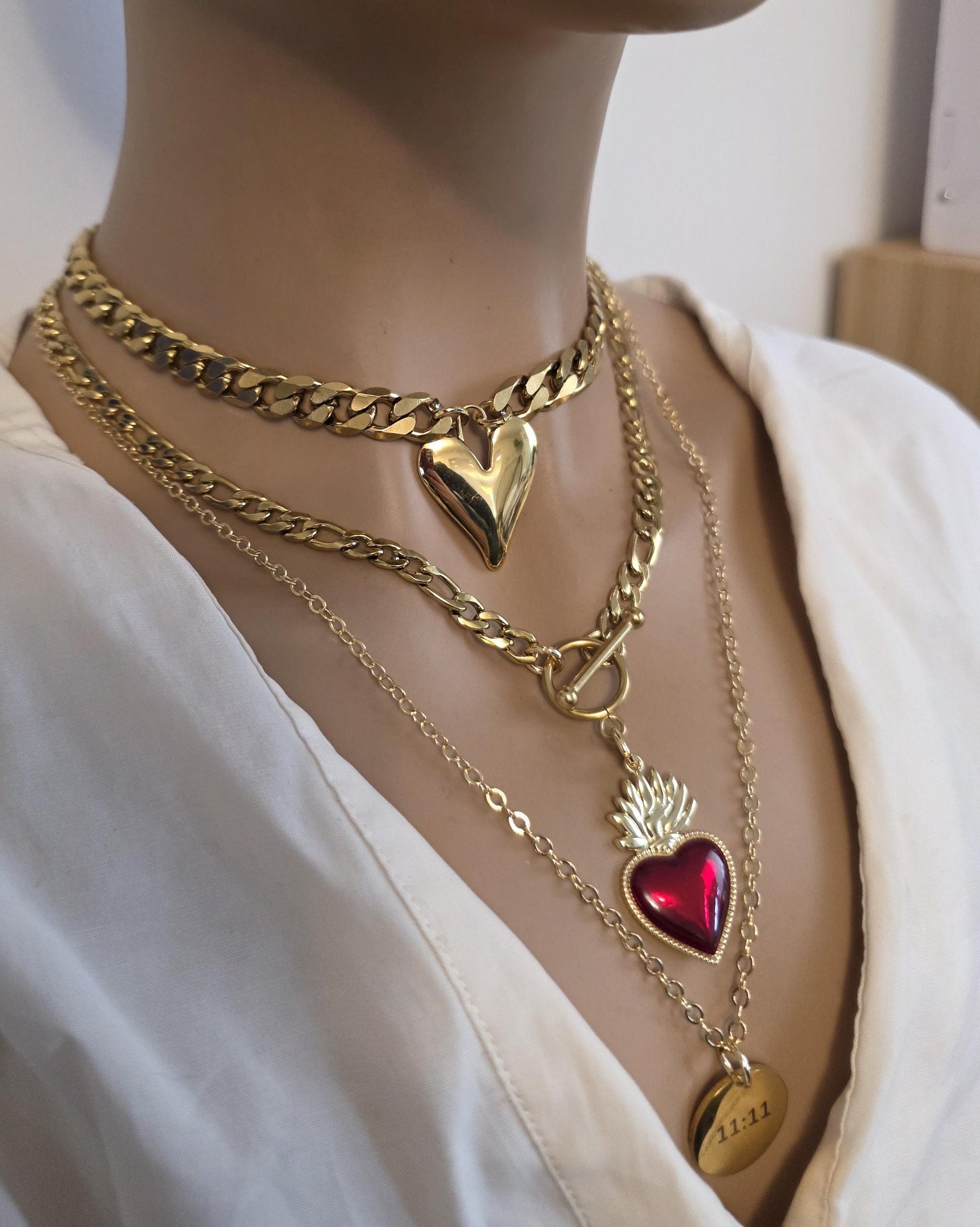 Gold Sacred Heart Layered Pendant Necklace Set - 3 Separate Necklaces, Angel Number 11:11