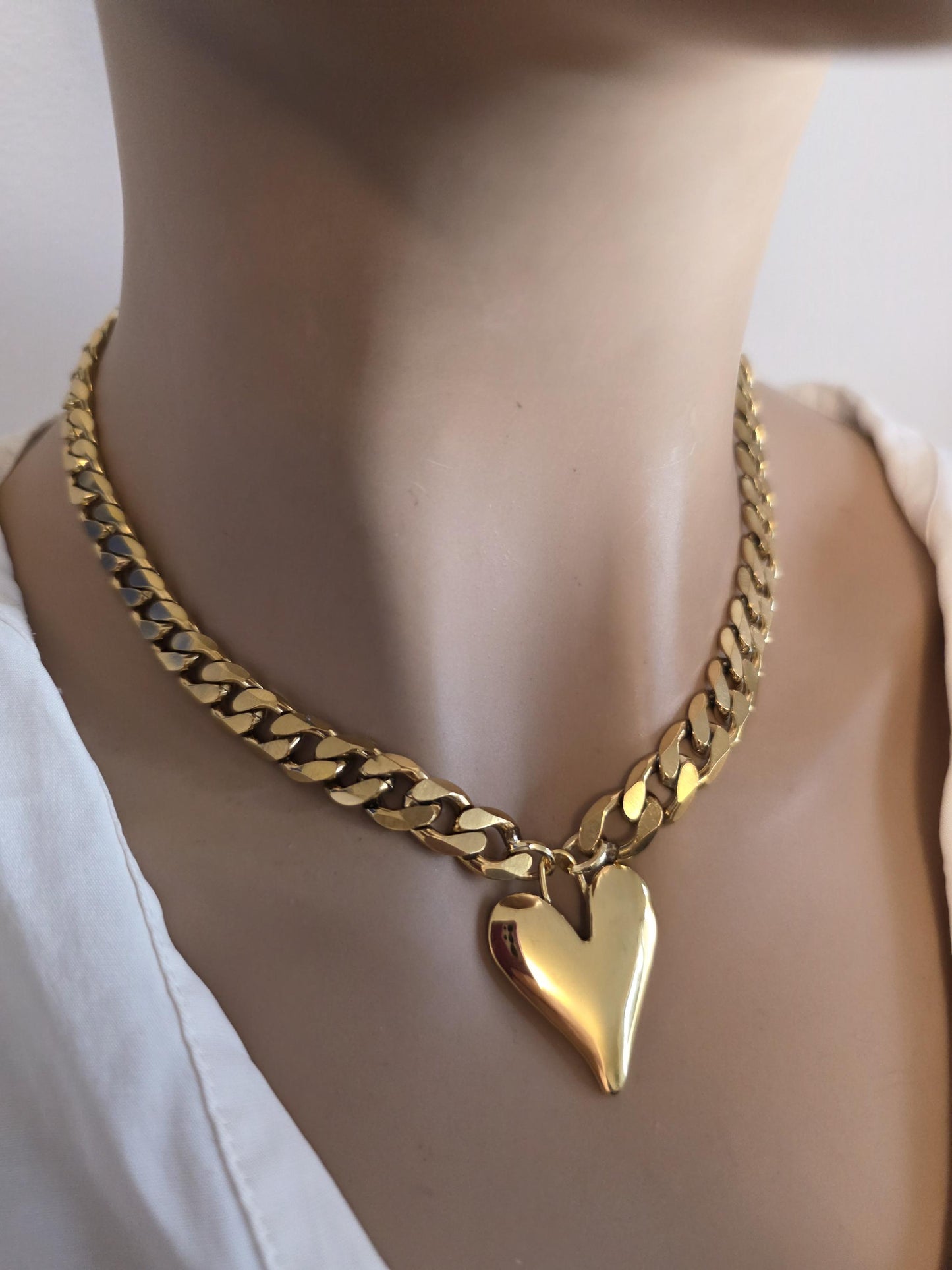 Gold Heart Pendant Necklace Choker Collar:  Maximalist Statement Jewelry
