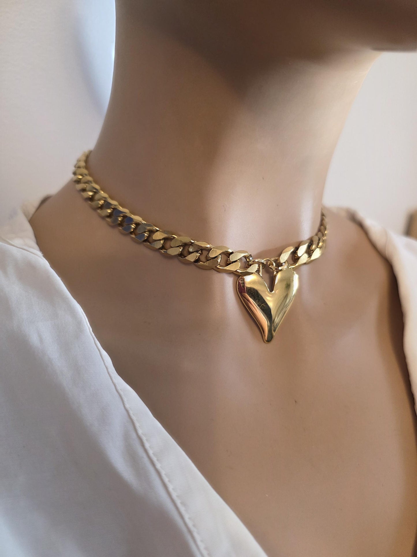 Gold Heart Pendant Necklace Choker Collar:  Maximalist Statement Jewelry