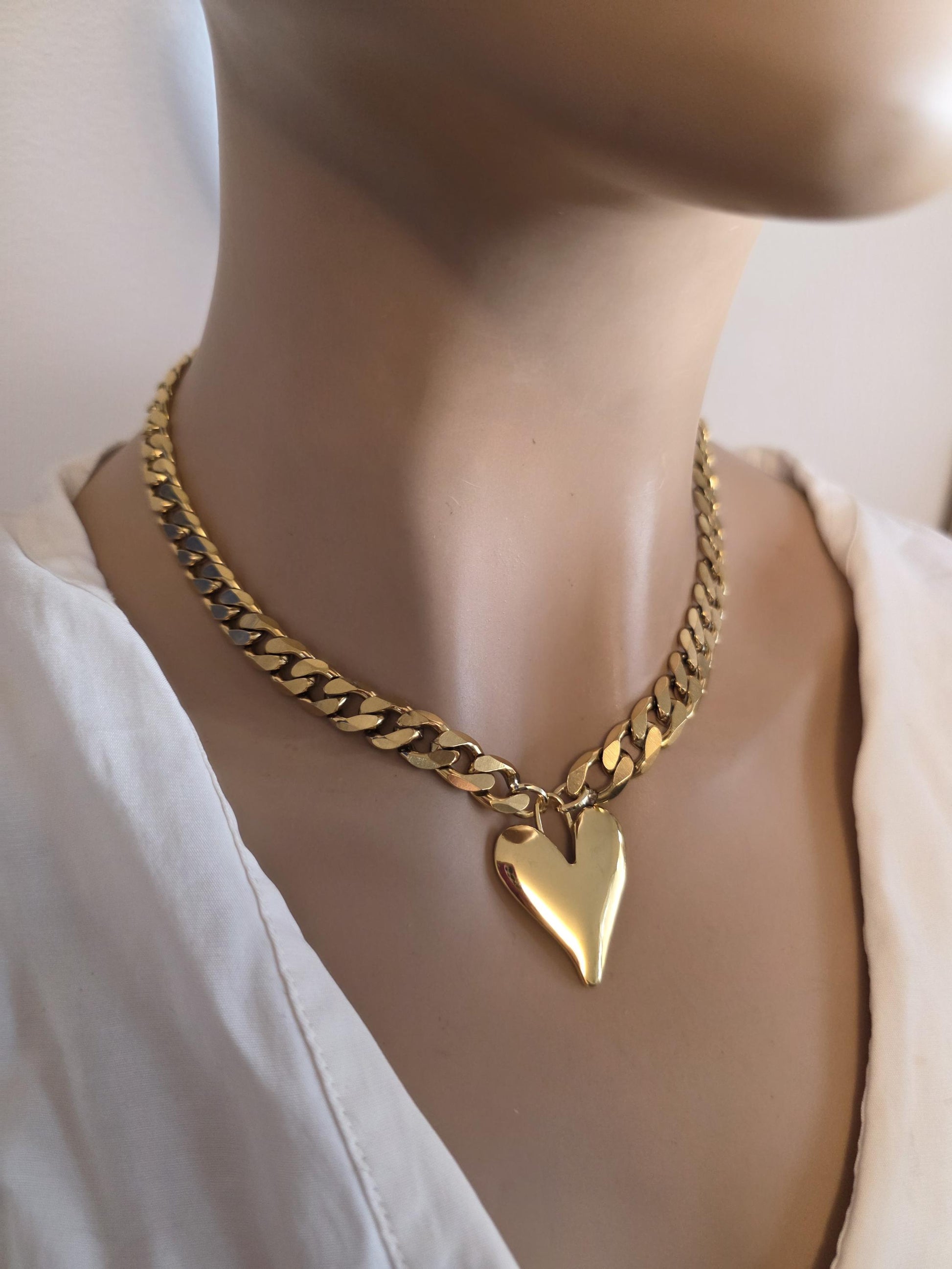 Gold Heart Pendant Necklace Choker Collar:  Maximalist Statement Jewelry