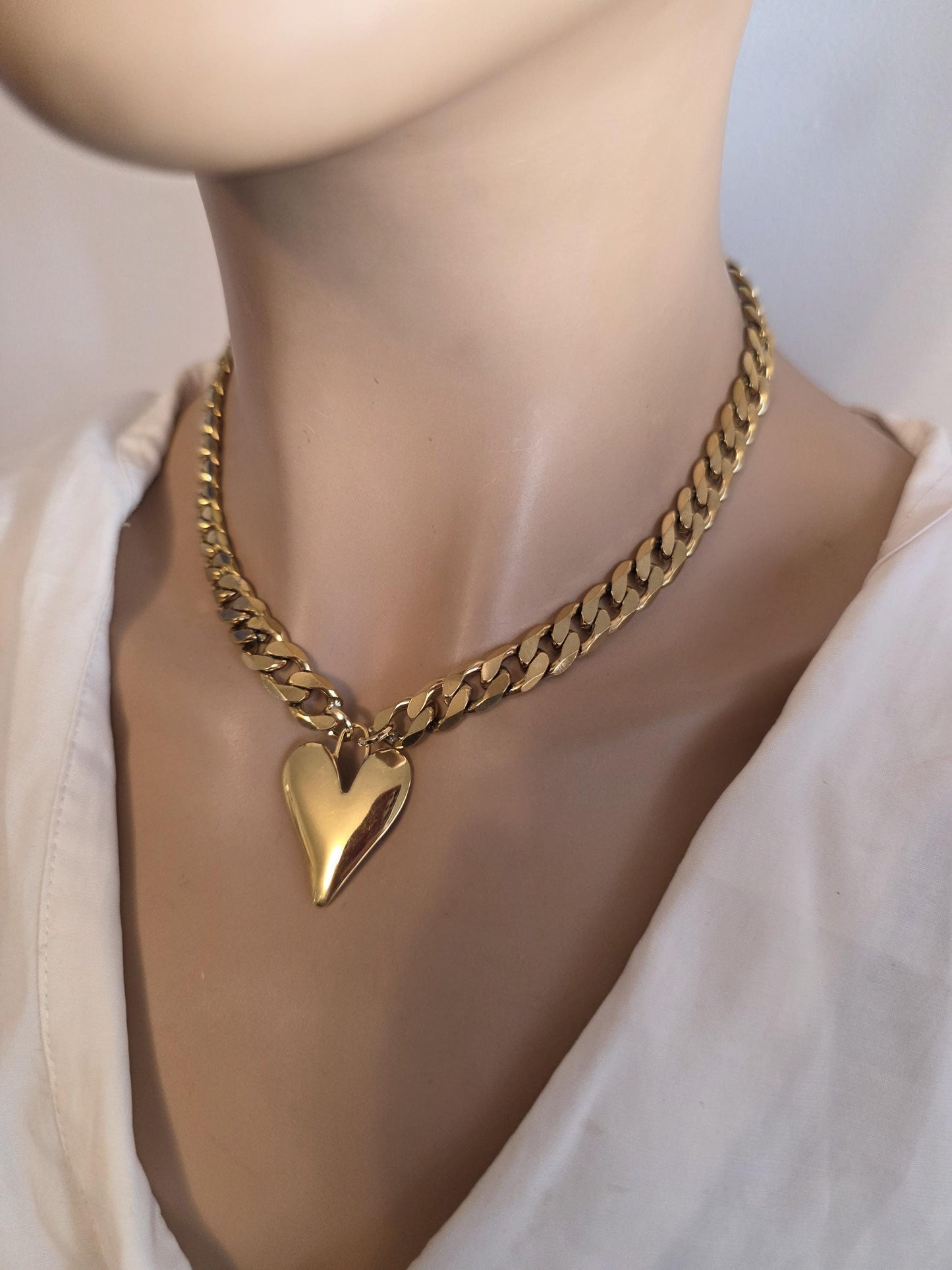 Gold Heart Pendant Necklace Choker Collar:  Maximalist Statement Jewelry