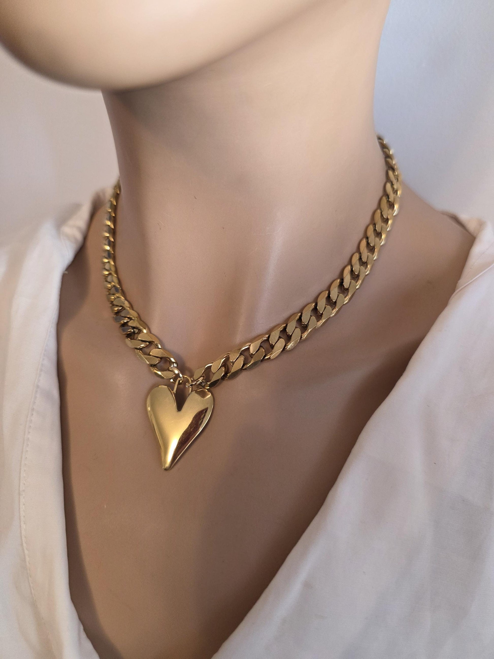 Gold Heart Pendant Necklace Choker Collar:  Maximalist Statement Jewelry