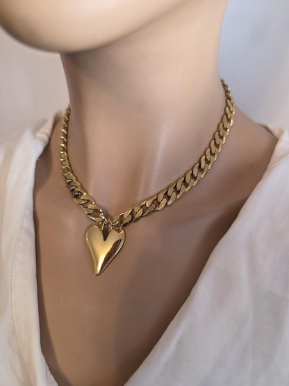 Gold Heart Pendant Necklace Choker Collar:  Maximalist Statement Jewelry