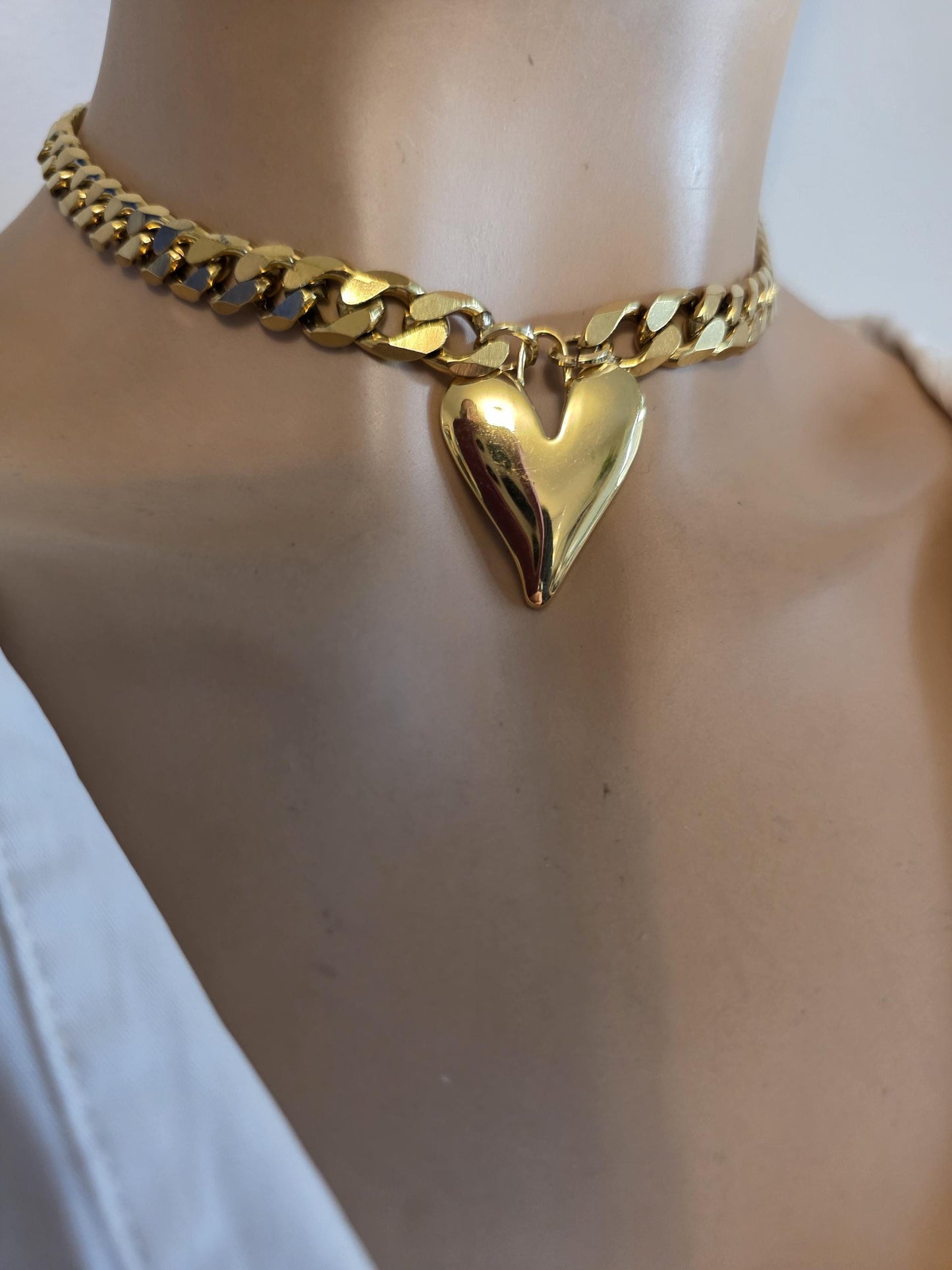 Gold Heart Pendant Necklace Choker Collar:  Maximalist Statement Jewelry