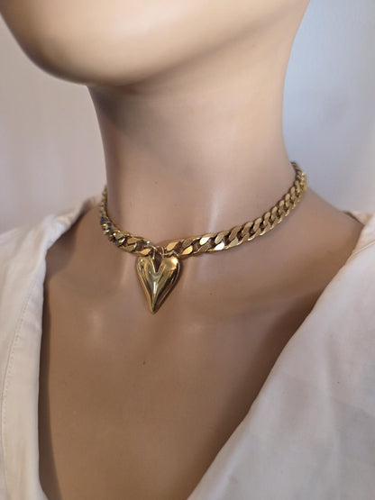 Gold Heart Pendant Necklace Choker Collar:  Maximalist Statement Jewelry