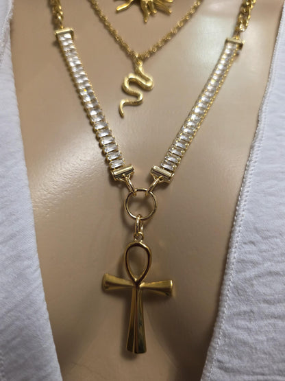 Layered Gold Rhinestone Necklace Set | Egyptian Sun, Ankh & Eye of Horus | Chunky Gold Chain Choker Statement Jewelry