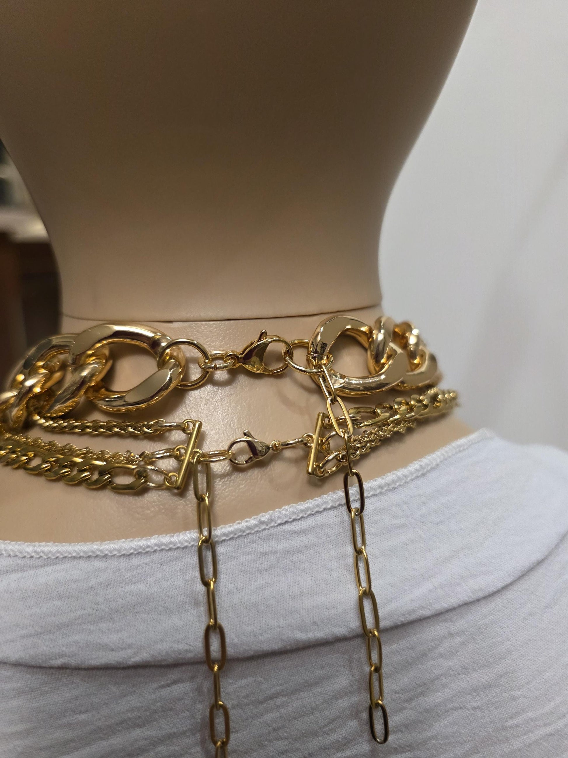 Layered Gold Rhinestone Necklace Set | Egyptian Sun, Ankh & Eye of Horus | Chunky Gold Chain Choker Statement Jewelry