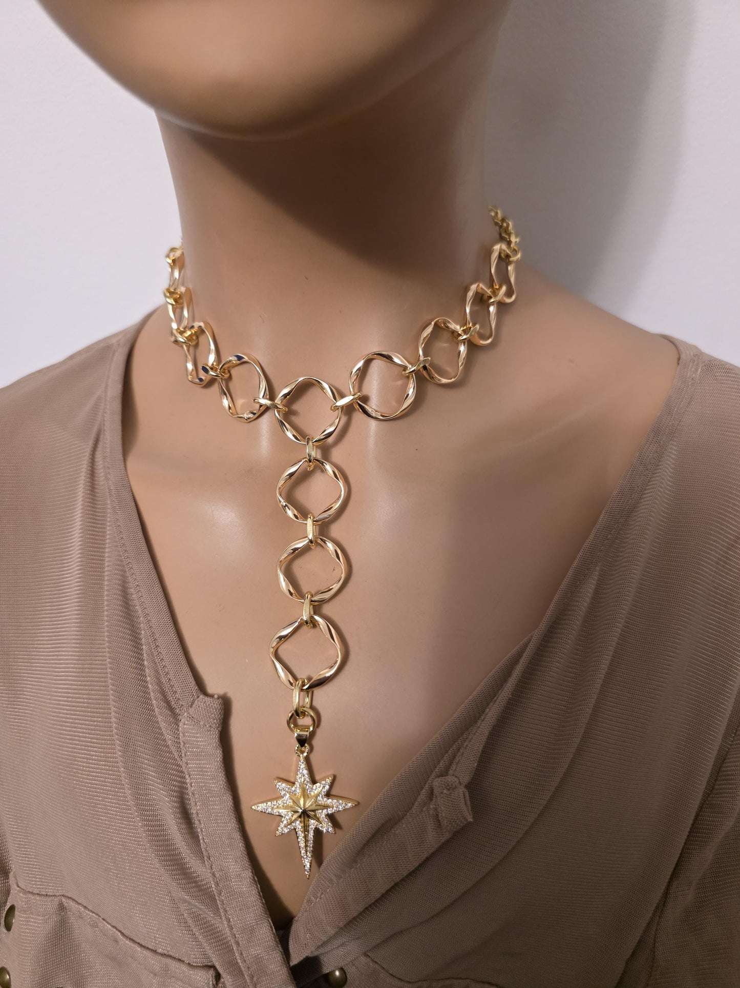 Gold Polaris North Star Celestial Pendant Statement Necklace: Cubic Zirconia Choker