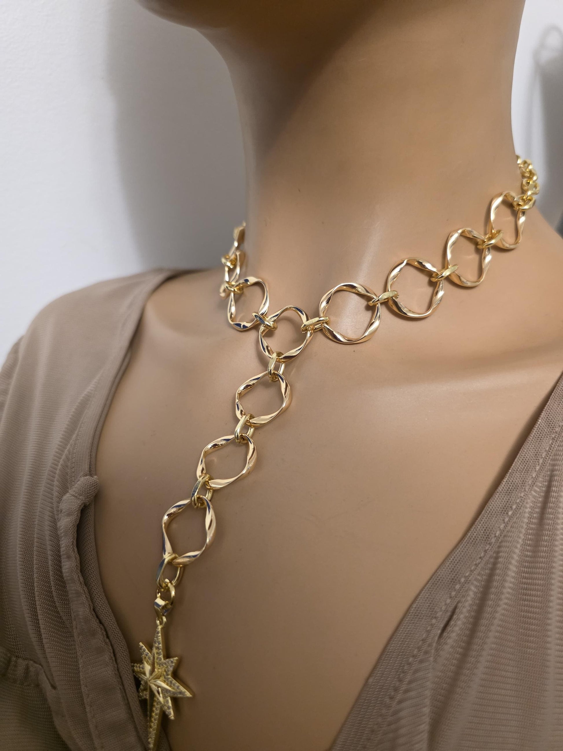 Gold Polaris North Star Celestial Pendant Statement Necklace: Cubic Zirconia Choker