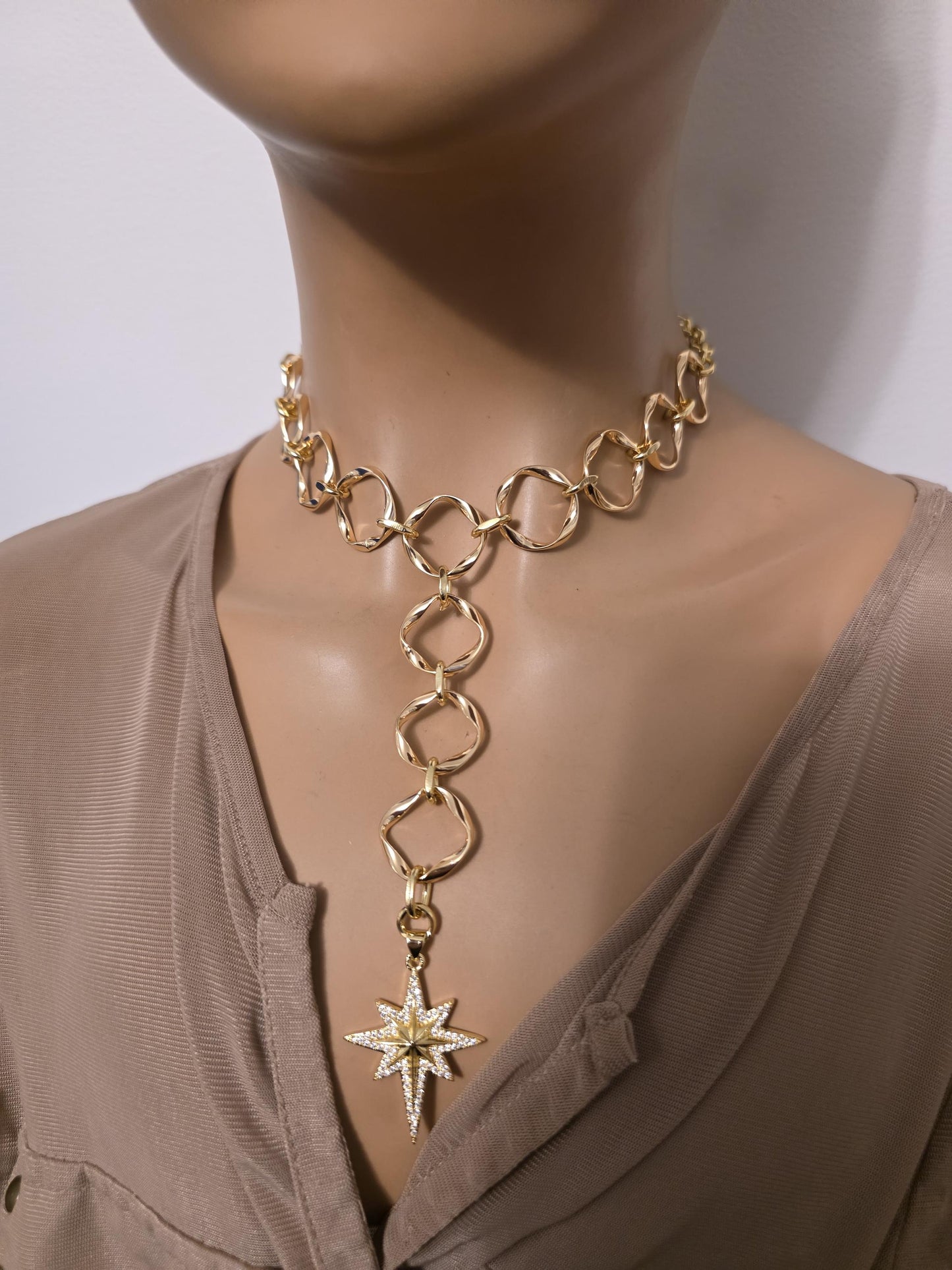 Gold Polaris North Star Celestial Pendant Statement Necklace: Cubic Zirconia Choker