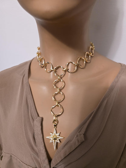 Gold Polaris North Star Celestial Pendant Statement Necklace: Cubic Zirconia Choker