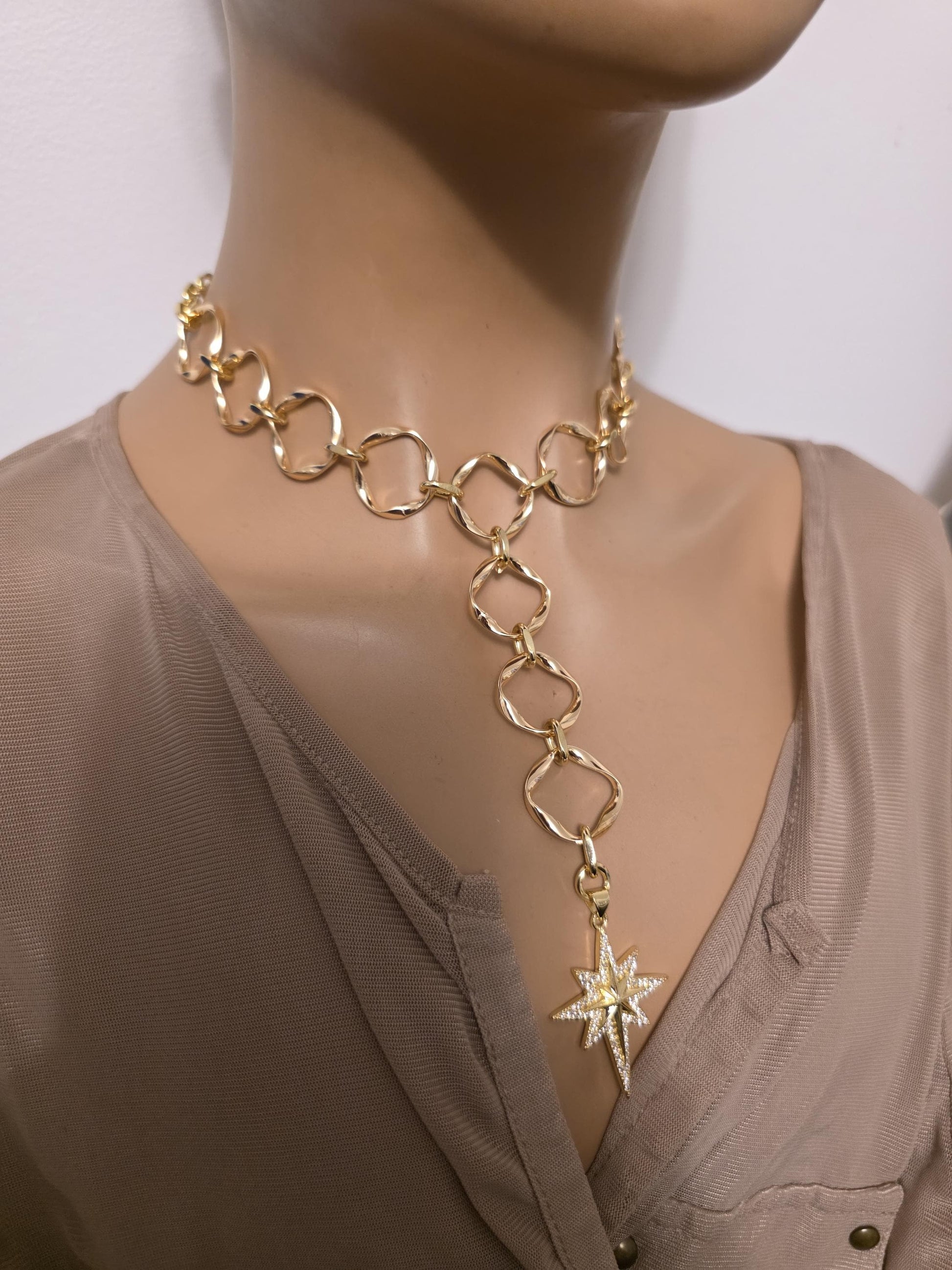 Gold Polaris North Star Celestial Pendant Statement Necklace: Cubic Zirconia Choker